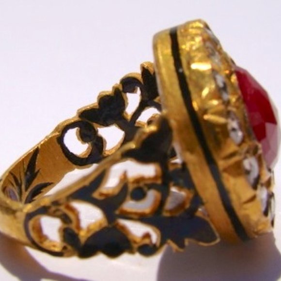 24K Gold--Jaipur 'The Gem Palace' -- Ruby Red & Rose Cut Diamonds Ring--Sz 8 - Picture 3 of 3